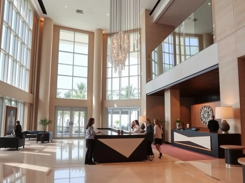 A luxurious resort lobby showcasing modern design and elegance.