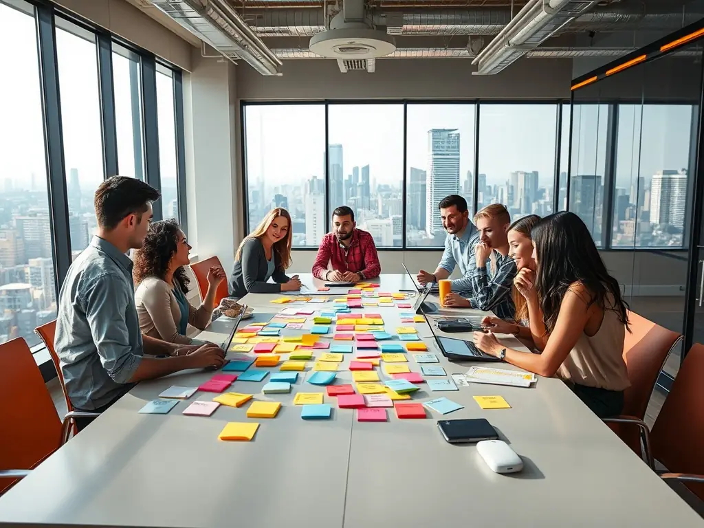 Creative marketing team brainstorming in a modern office.