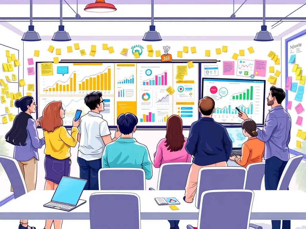 A creative marketing campaign in action with professionals brainstorming in a modern office.