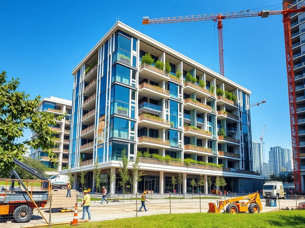A modern urban development project with a newly constructed building and workers on-site.