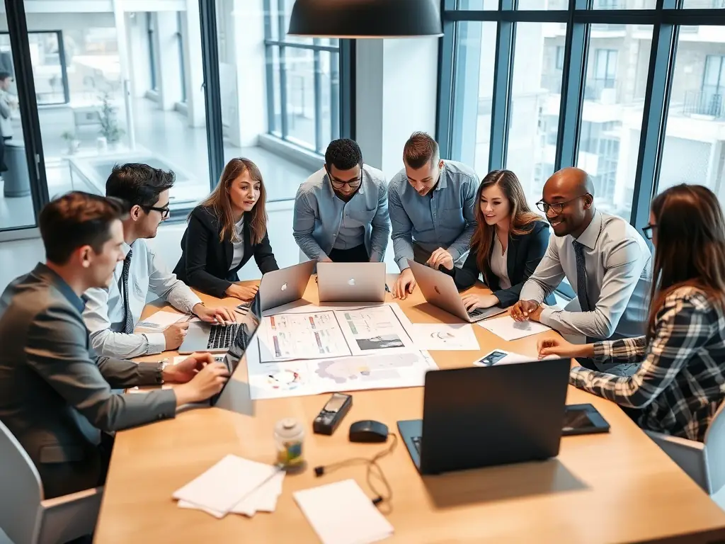 A team of consultants collaborating on a project plan in a well-lit meeting room.