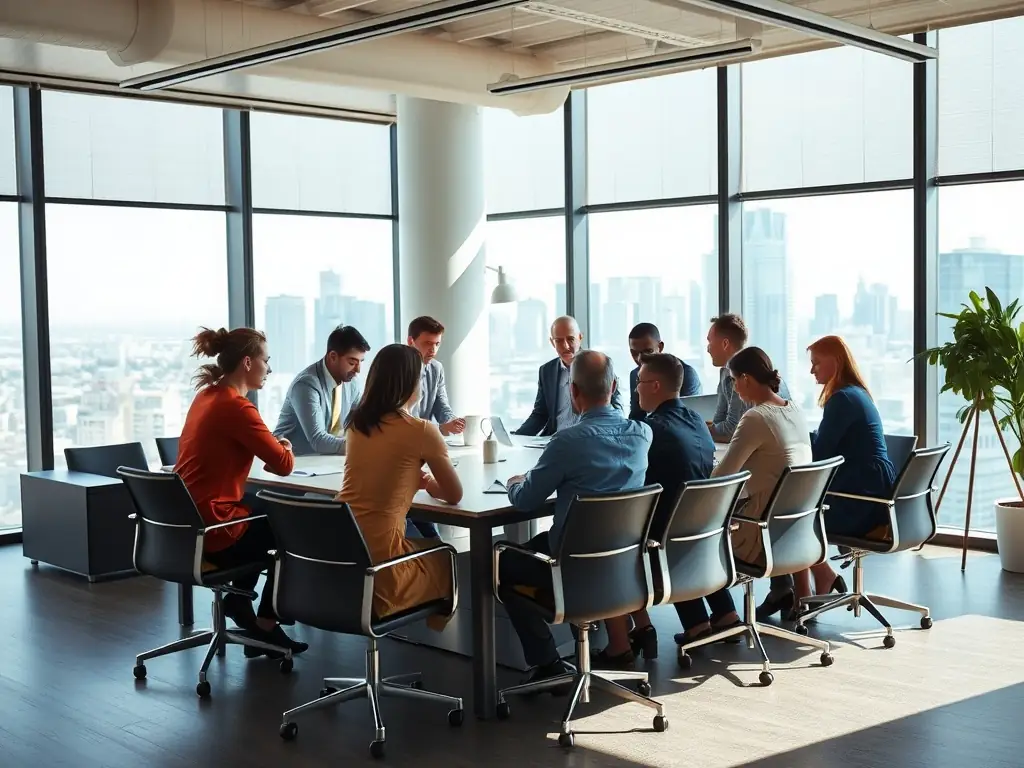 A team of consultants discussing a project in a modern office space.