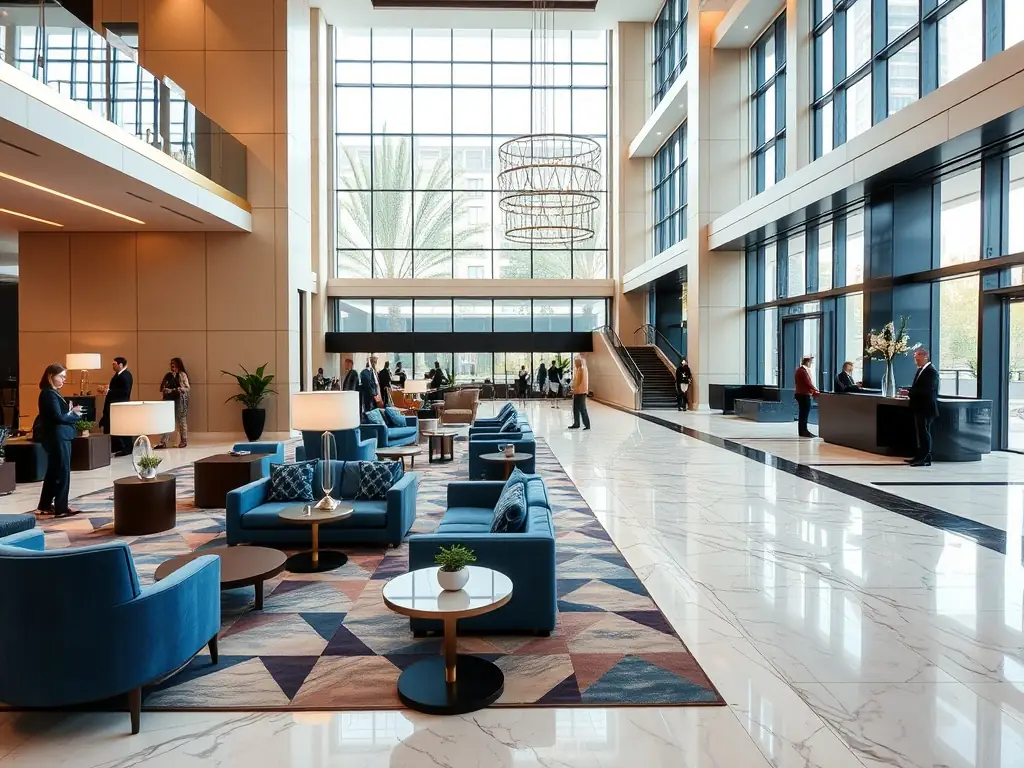 A modern hotel lobby with elegant design elements and guests interacting.